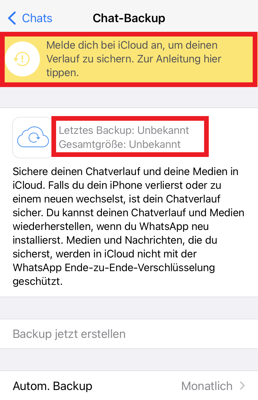 iPhone-Screenshot vom WhatsApp-Bereich „Chat-Backup“