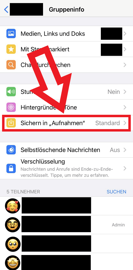 iPhone-Screenshot, der die Option „Sichern in ‚Aufnahmen‘“ unter „Gruppeninfo“ zeigt] iphone-whatsapp-bilder-speichern-01
