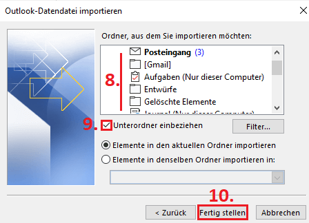 Outlook: Import/Export-Assistent, Auswahl der zu importierenden Ordner 