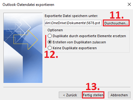 Import/Export-Assistent, Speicherort der PST-Datei festlegen 