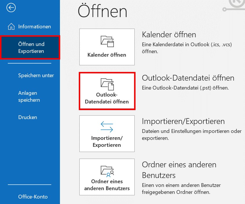 Aktion „Outlook-Datendatei öffnen“ im Outlook-Menü „Datei“ > „Öffnen und Exportieren“