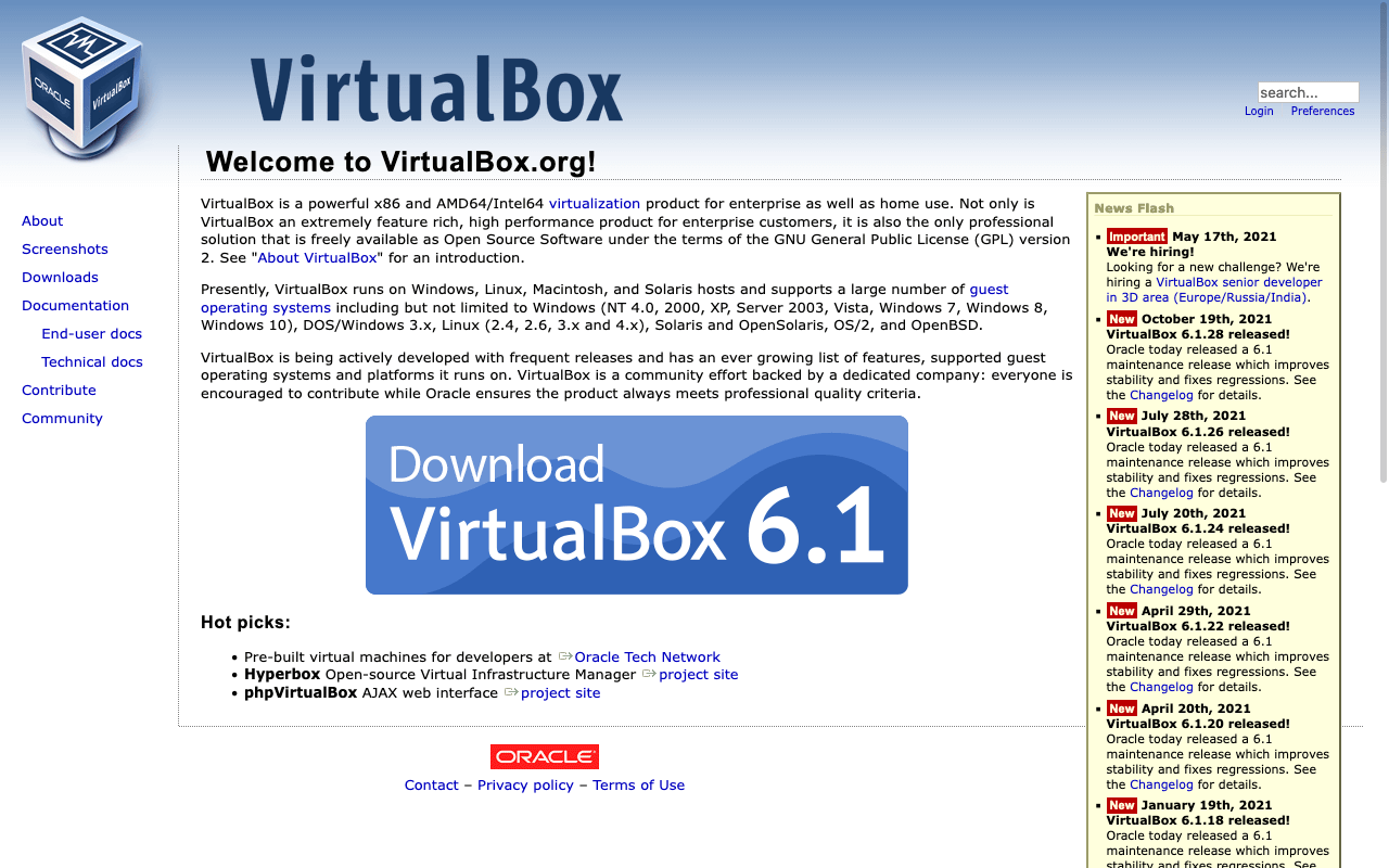 Screenshot der Oracle VirtualBox Website