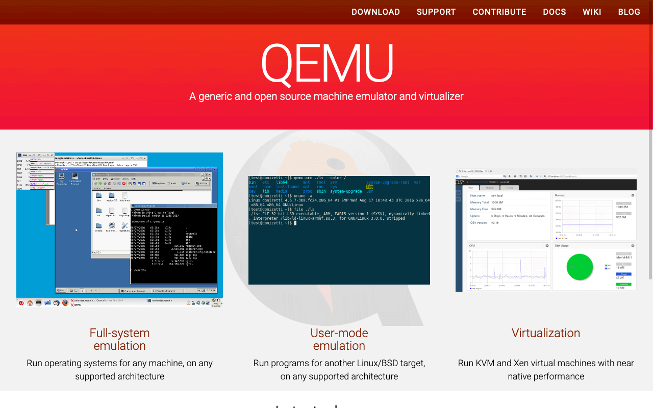 Screenshot der QEMU Website