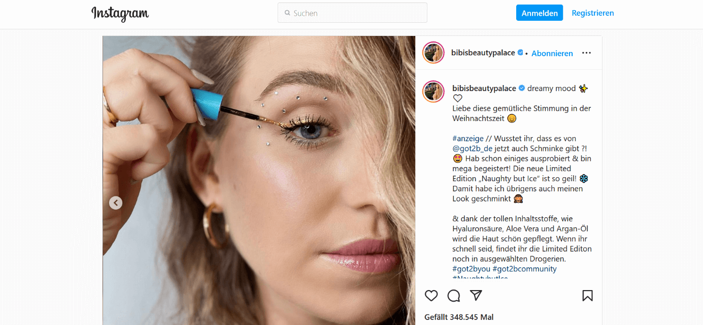Screenshot von Bianca Claßens Instagram-Seite „bibisbeautypalace“