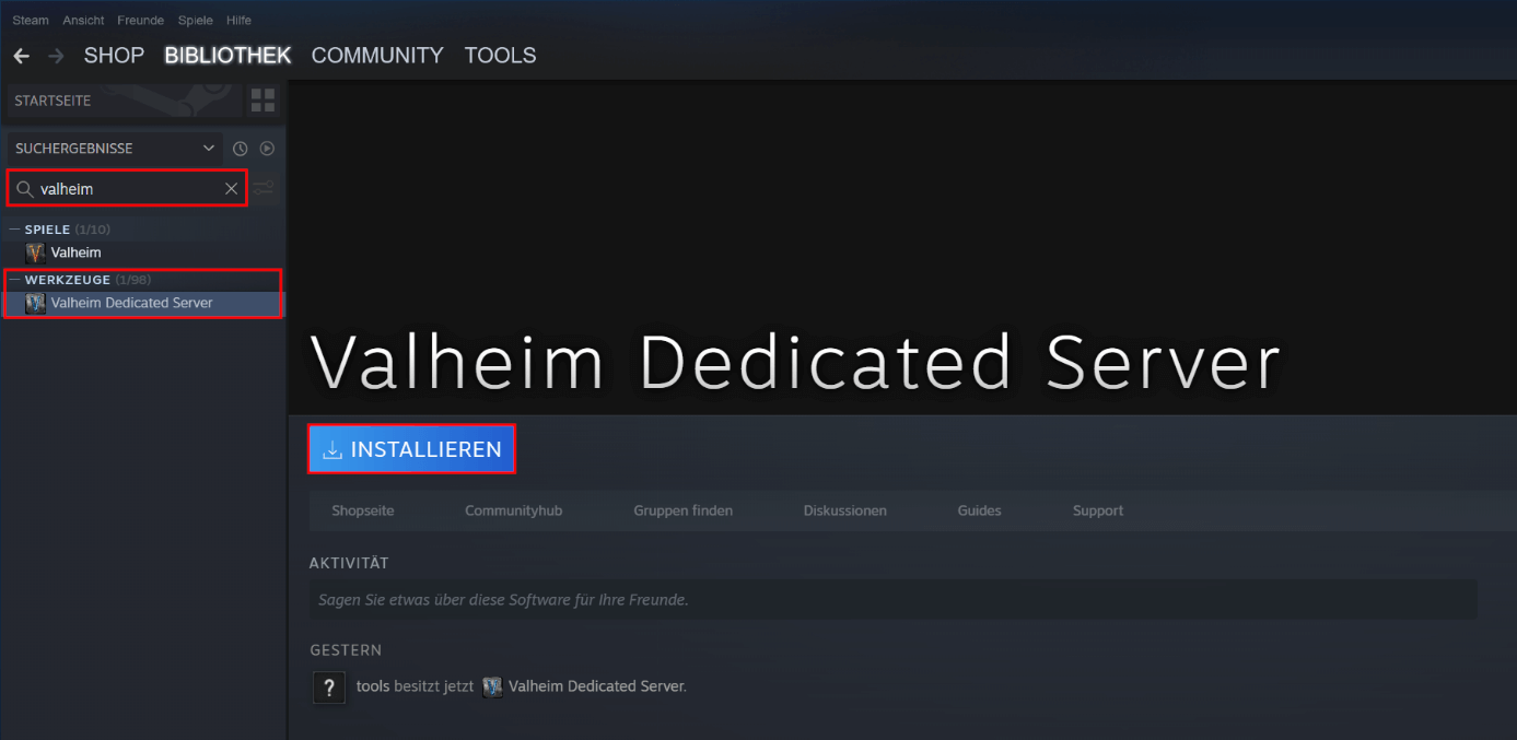 Steam: Installation der Software „Valheim Dedicated Server“