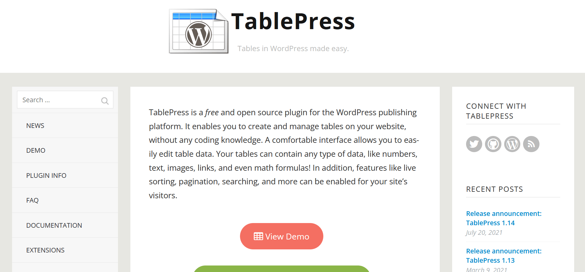 Homepage des WordPress-Plugins TablePress
