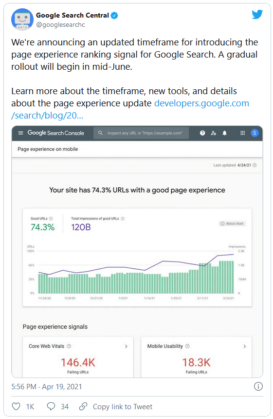 Tweet des Google-Teams zu den Core Web Vitals