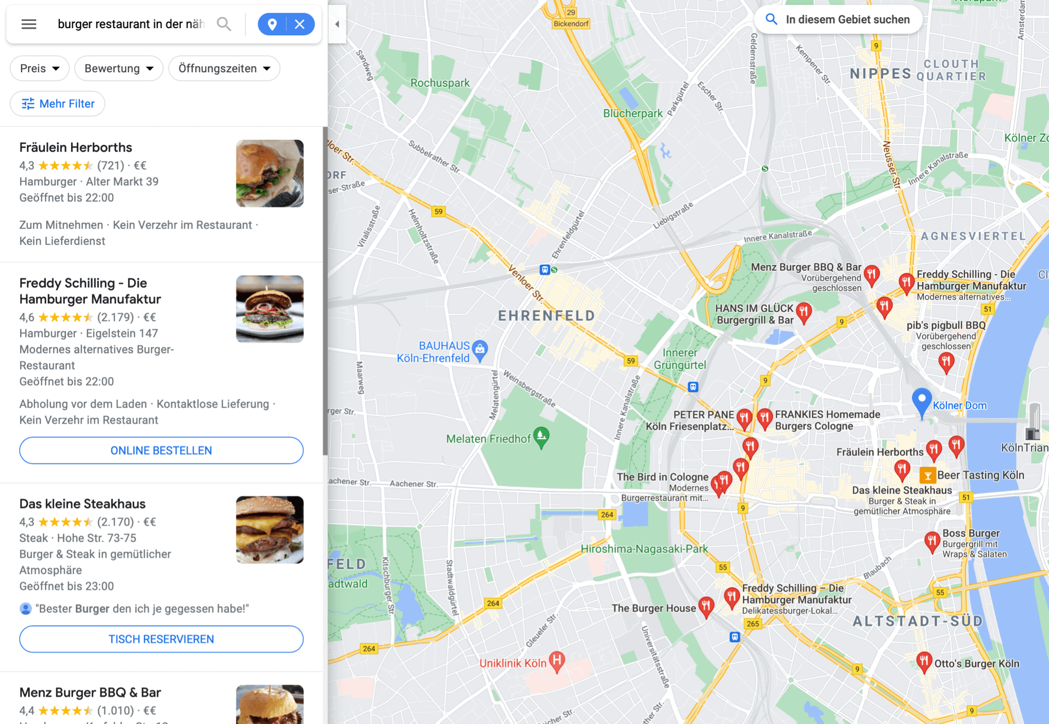 Die Google Maps Suchergebnisse
