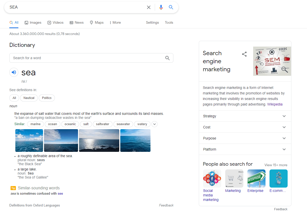 Die Suchergebnisseite (SERP) für den Begriff "sea"