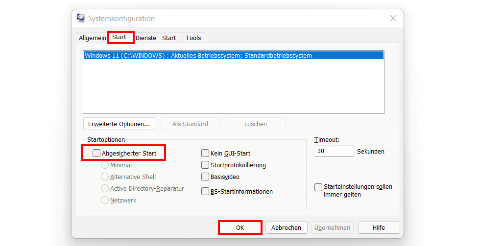 Windows 11: Ausschalten des abgesicherten Modus in msconfig