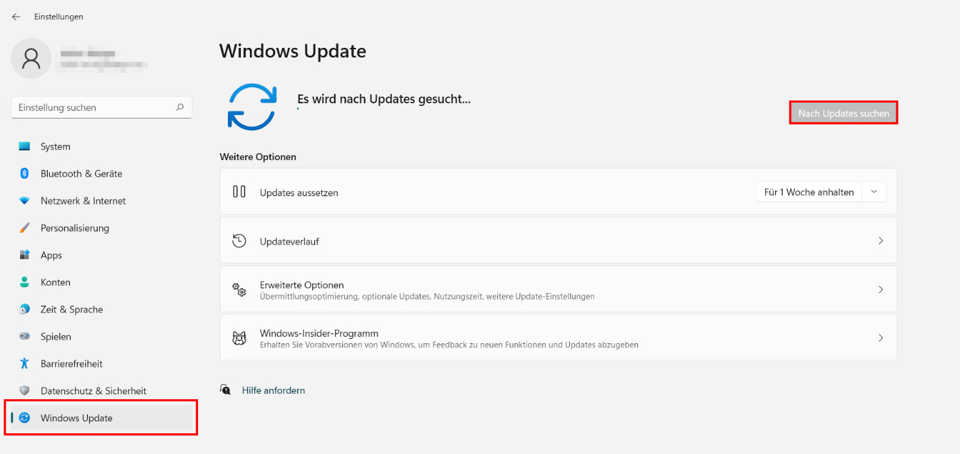 Windows-11-Einstellungen mit Menüpunkt „Windows Update“