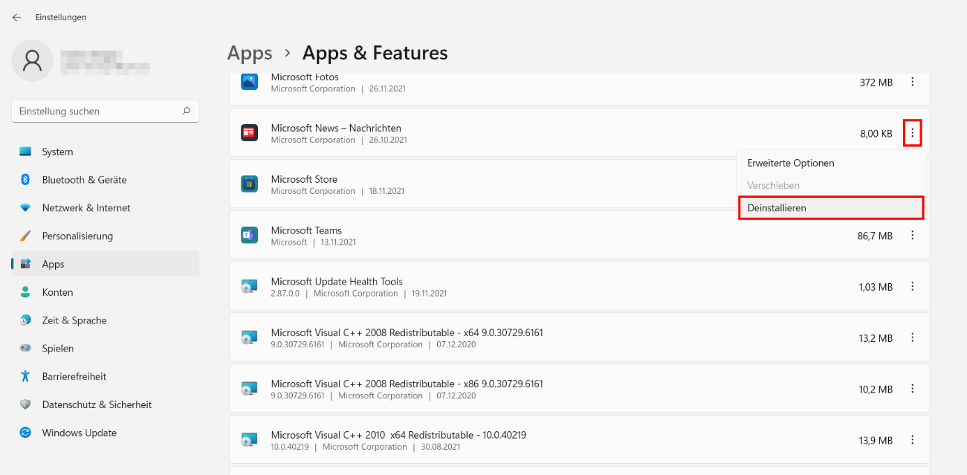  Menü „Apps & Features“ mit der Liste installierter Programme