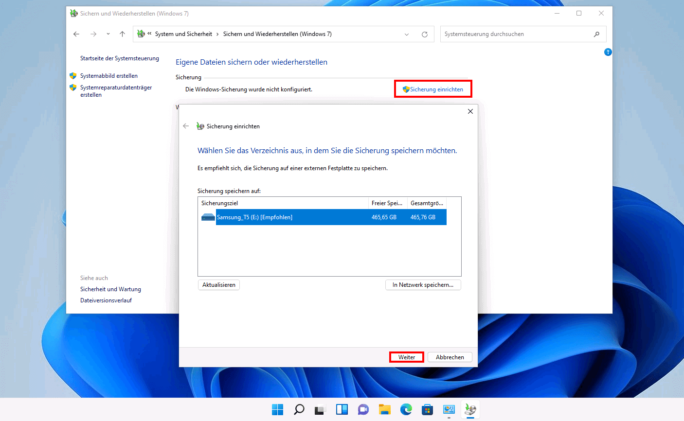 Windows 11: „Sicherung einrichten“
