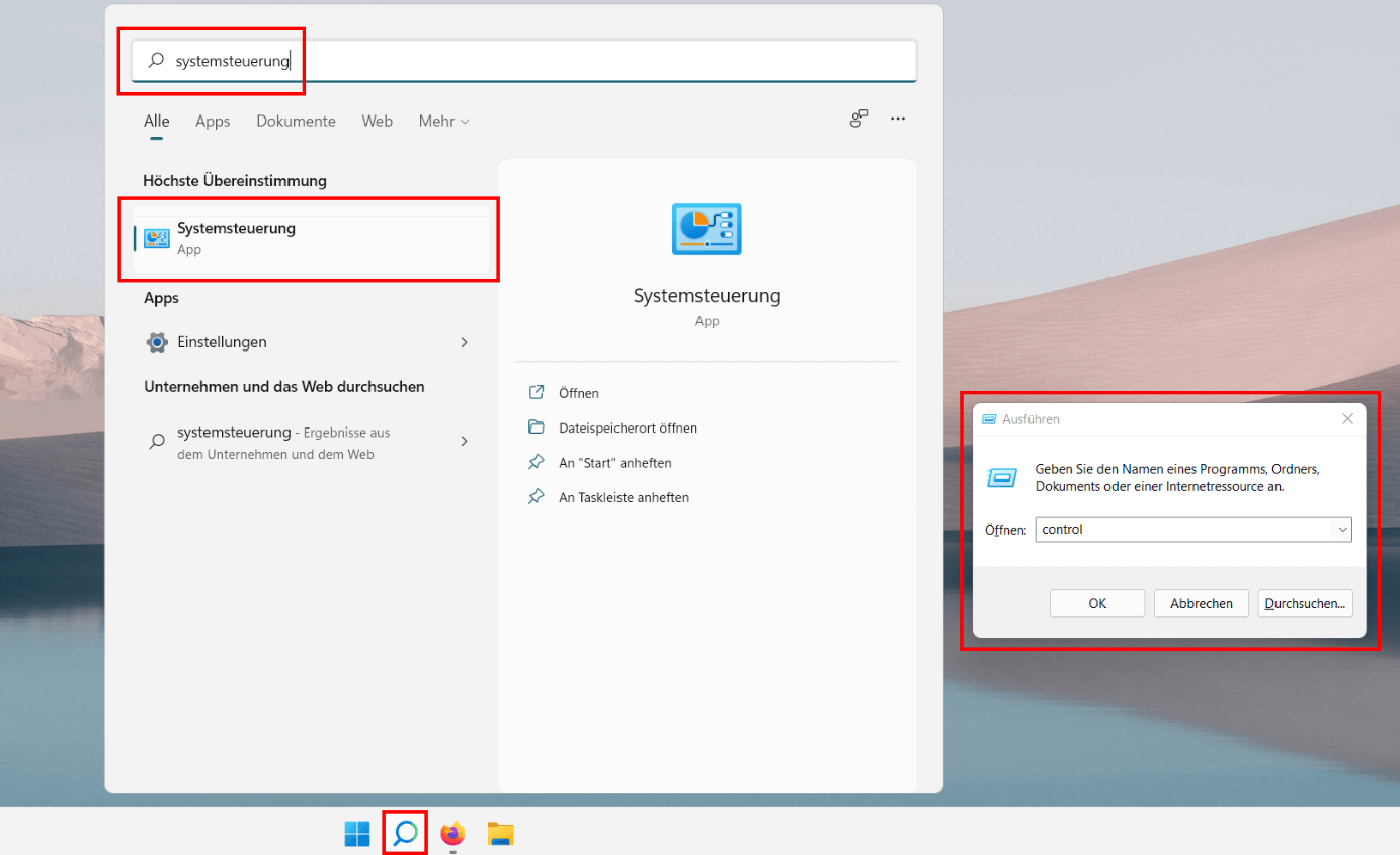 Windows 11: Suche nach „Systemsteuerung“
