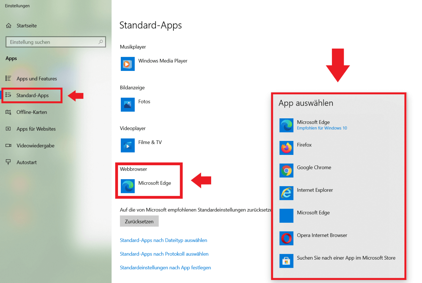 Windows-Einstellungen: Standard-Apps, Auswahl des Webbrowsers