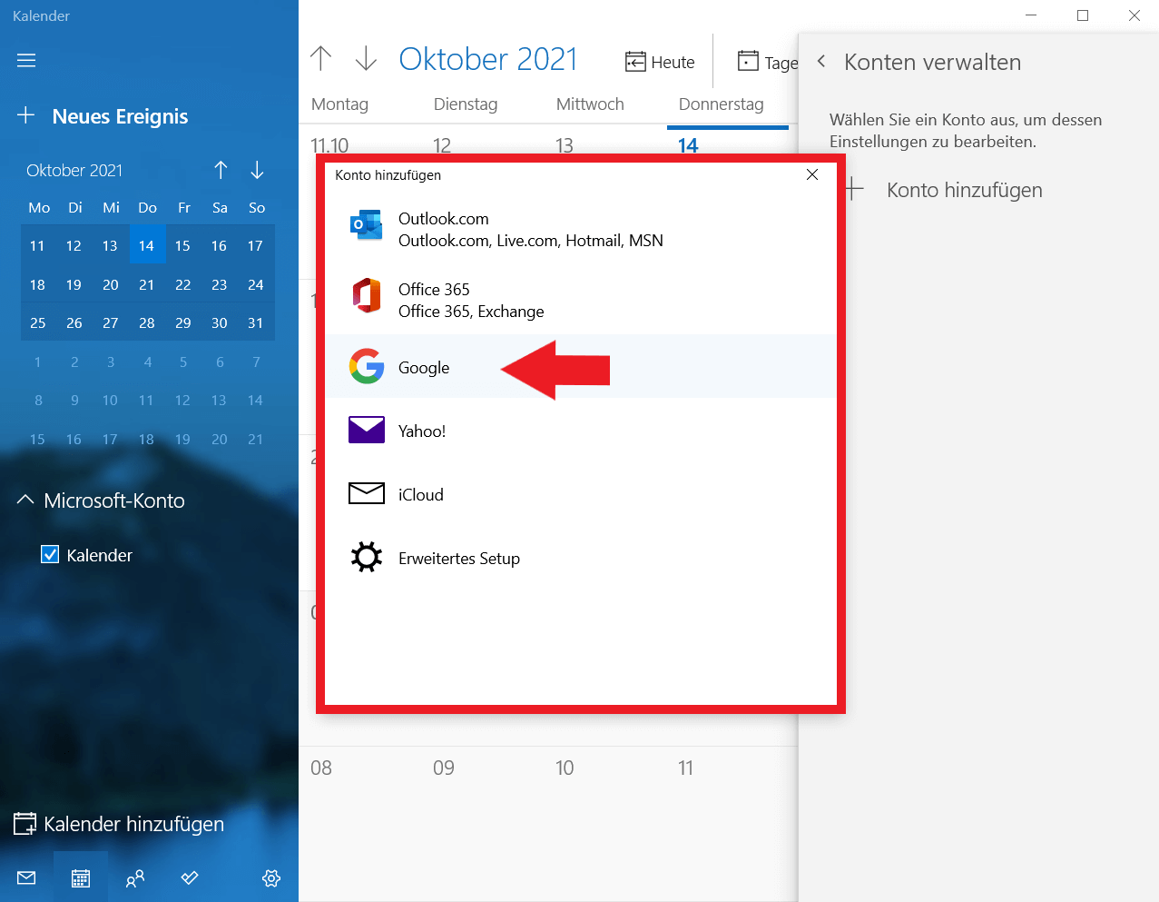 Windows-Kalender: Google als Konto hinzufügen