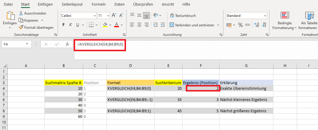XVERGLEICH-Beispielanwendung in einer Excel-Arbeitsmappe