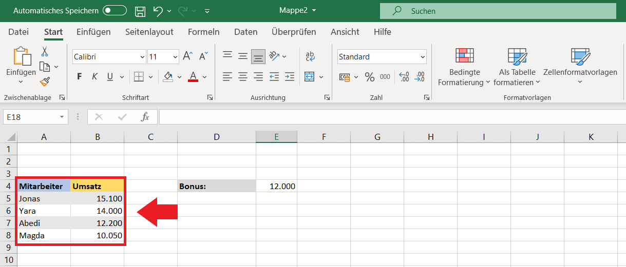 XVERGLEICH-Anwendungsbeispiel 2: Excel-Tabelle mit zu untersuchenden Werten