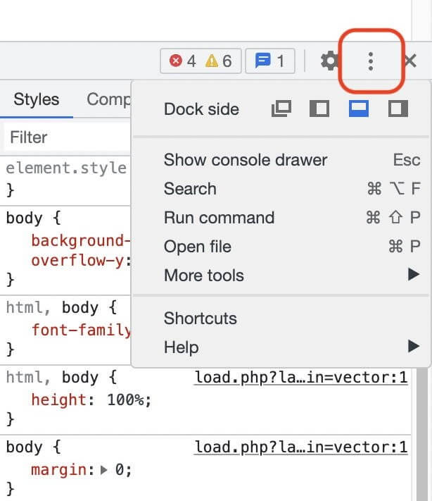 Menü der Chrome-Entwicklertools mit Auswahl der DevTools-Position