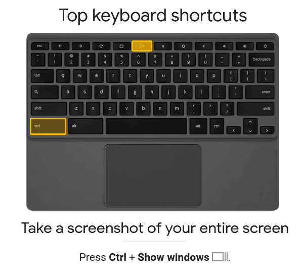 Screenshot vom Chromebook-Simulator mit Foto einer Chromebook-Tastatur und markierten Tasten „Strg“ und „Fenster anzeigen“