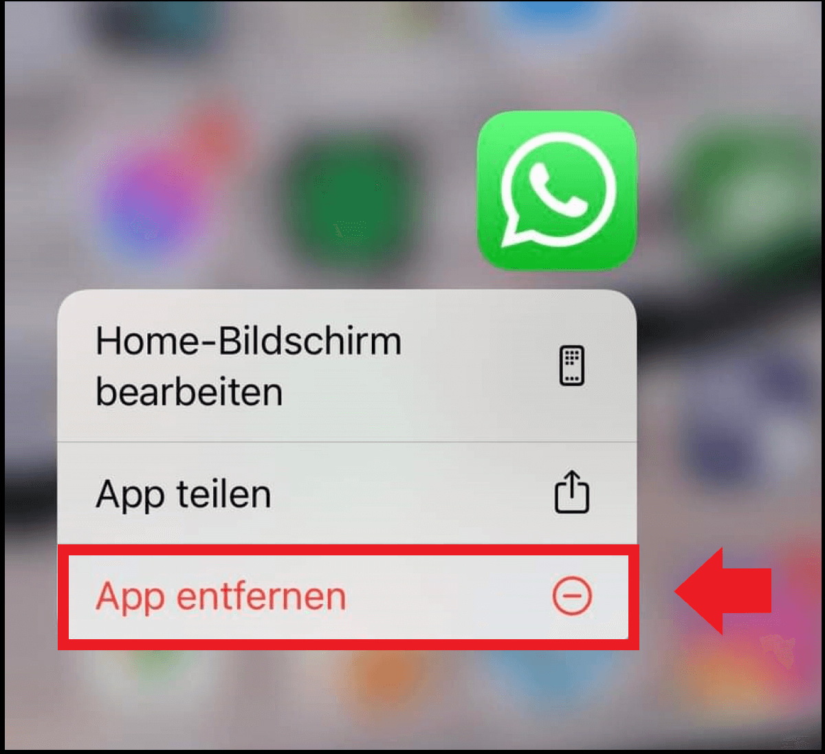 App-Menü zum Deinstallieren von WhatsApp auf dem Startbildschirm