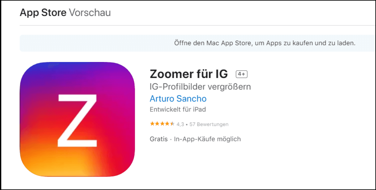 Die Detailseite für Zoomer for IG im Apple App Store