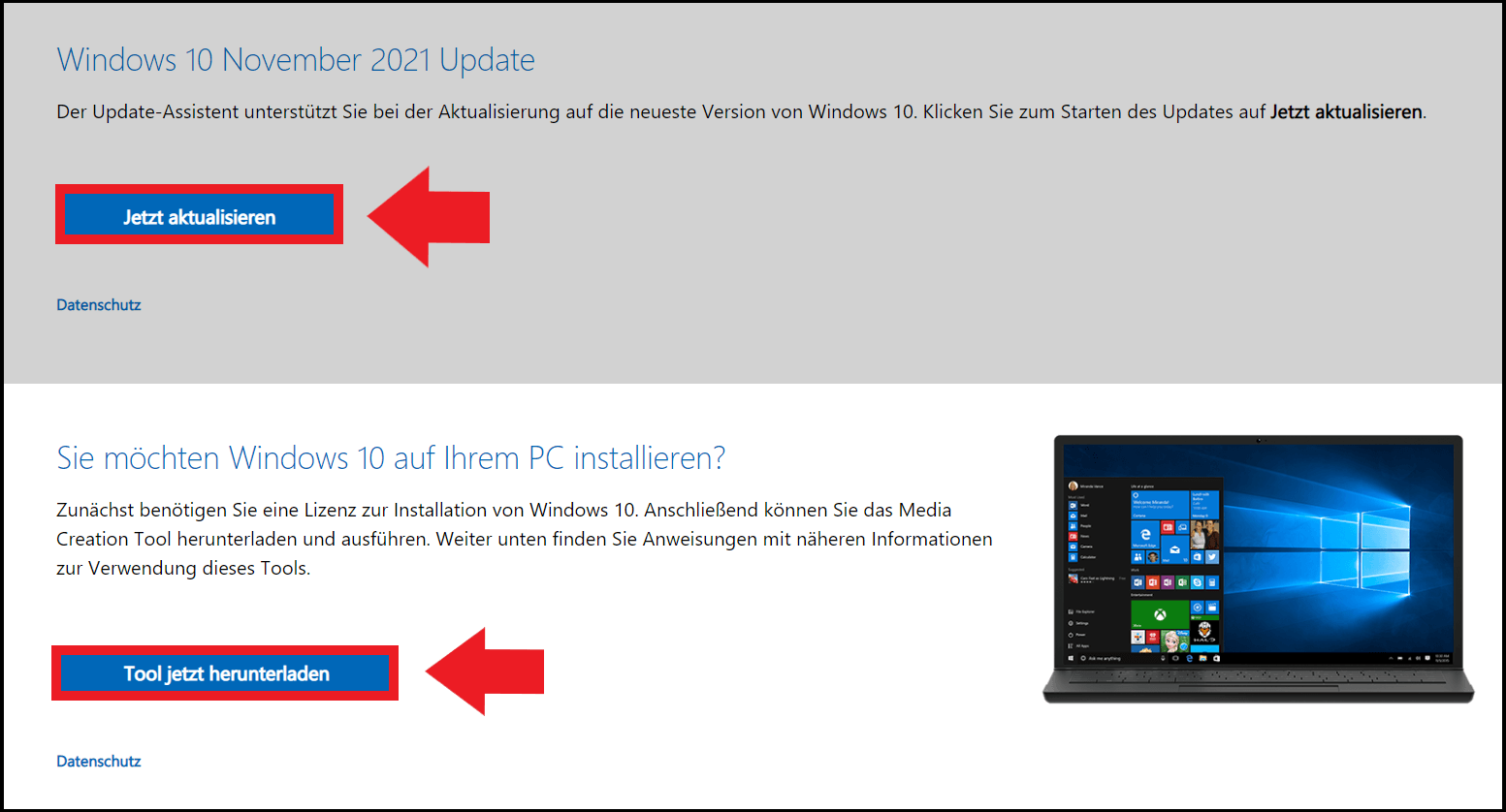 Die Windows-Downloadseite mit Optionen wie „Jetzt aktualisieren“ oder dem Download des Media Creation Tools