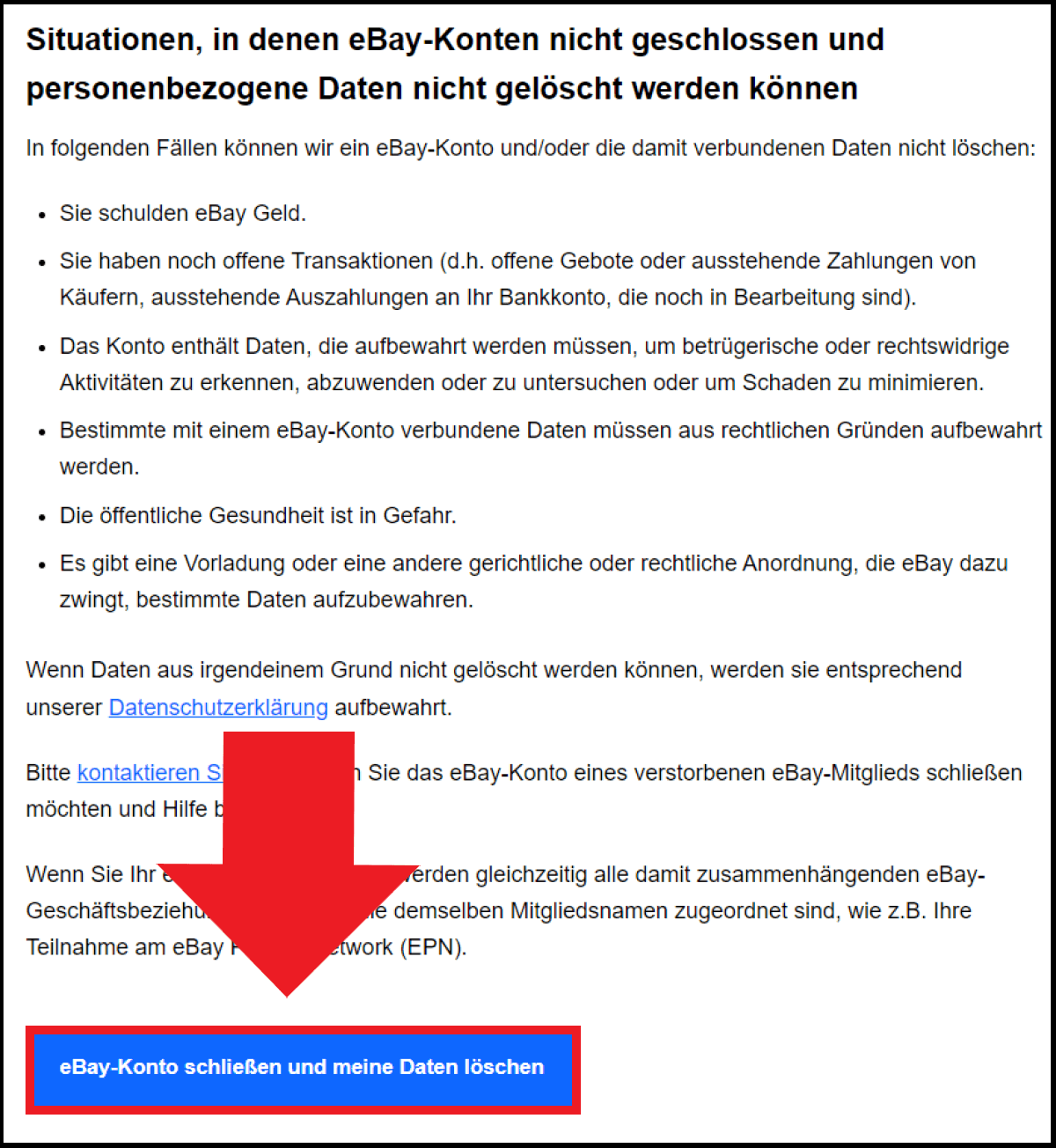 Screenshot der eBay-Hilfeseite zum Thema „Konto schließen“ Screenshot der eBay-Hilfeseite zum Thema „Konto schließen“