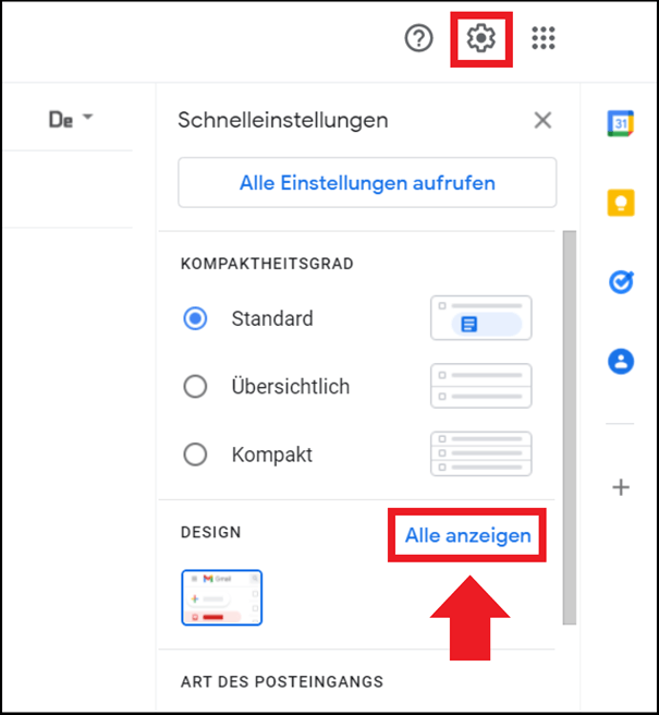 Der Bereich „Design“ im Gmail-Schnelleinstellungen-Menü