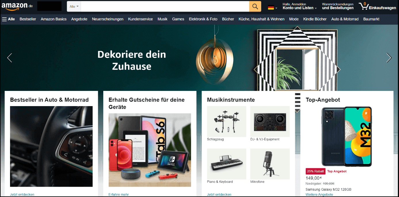 Die Homepage des Unternehmens Amazon