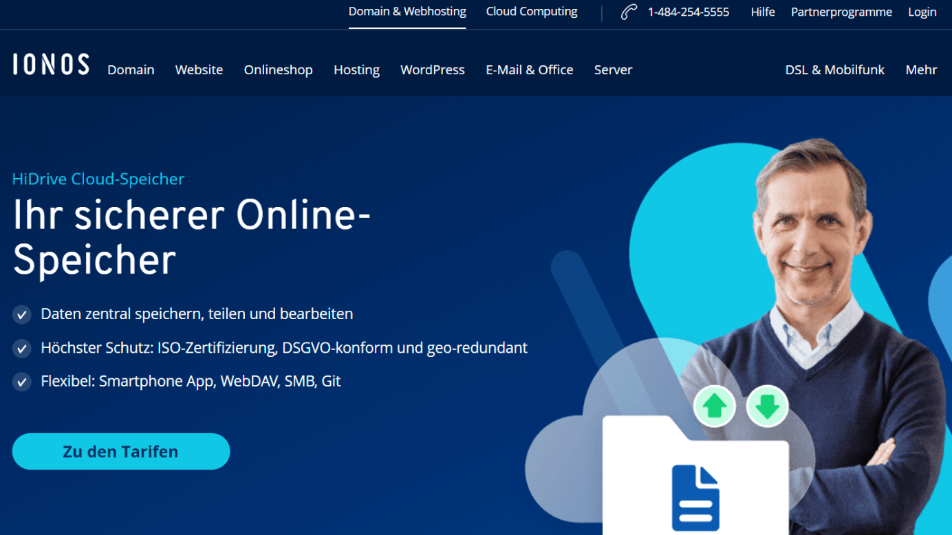 Die Homepage des HiDrive Cloud-Speichers von IONOS