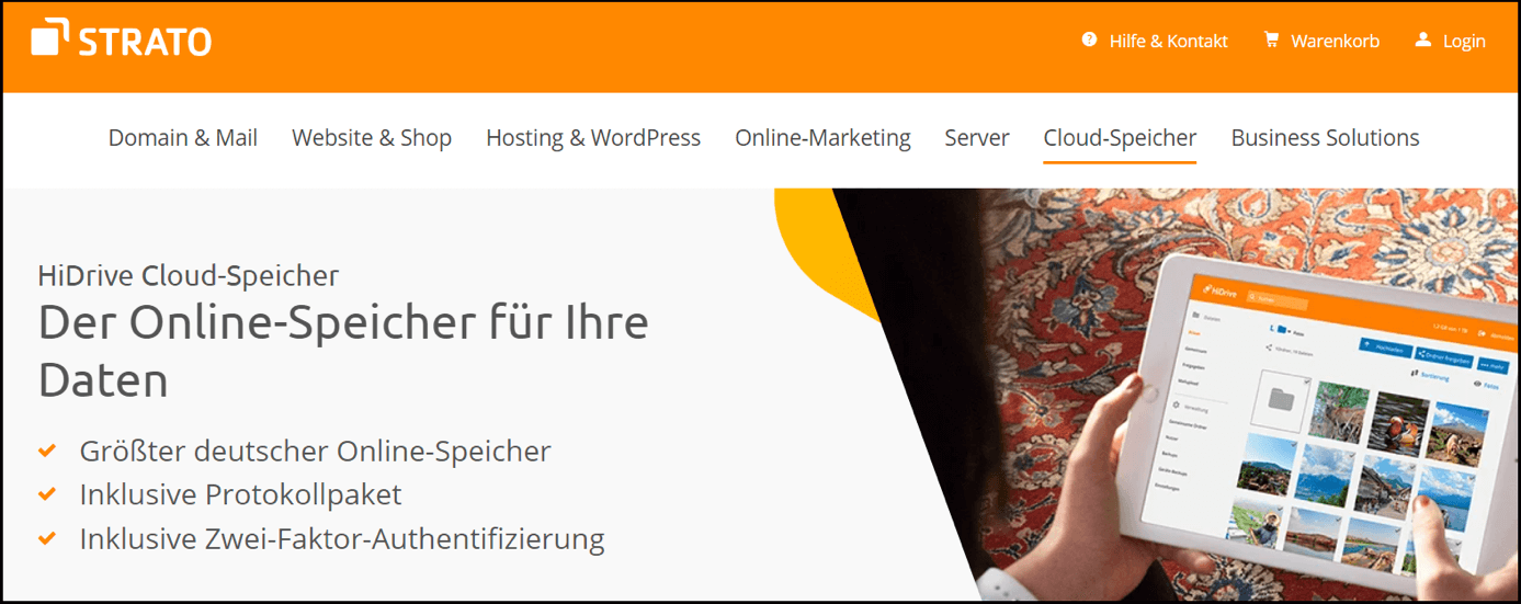 Die Homepage des deutschen Cloud-Speichers HiDrive STRATO
