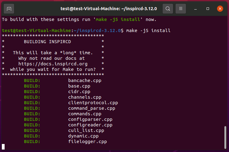 inspIRC-Build-Prozess im Ubuntu-Terminal