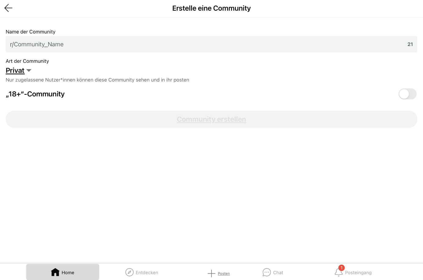 iPad-Screenshot der Community-Erstellung auf der Reddit-App