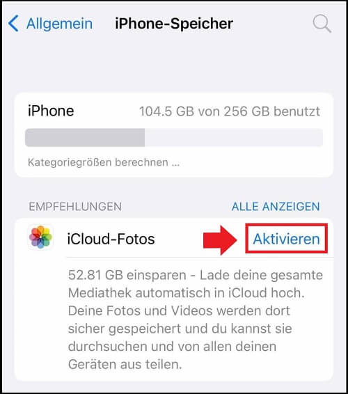 Screenshot der iPhone-Funktion „iCloud-Fotos“ im Bereich „iPhone-Speicher“