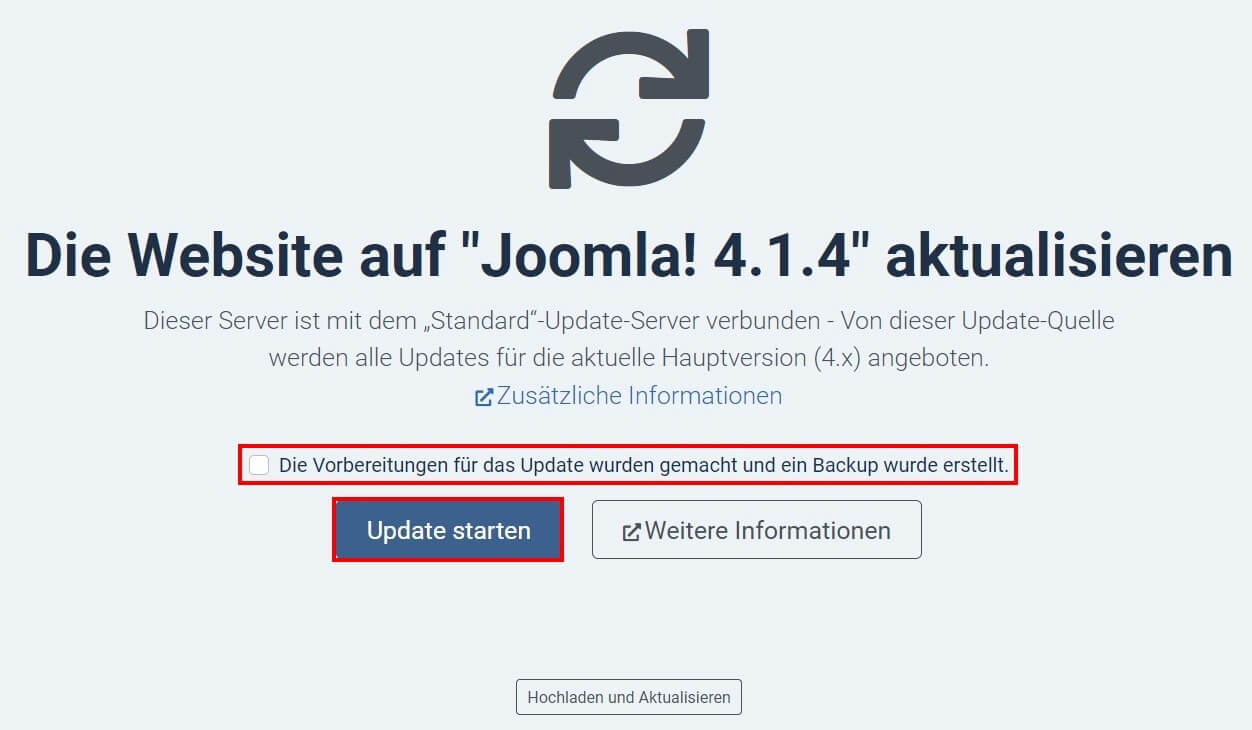 Joomla aktualisieren: Update-Dialog