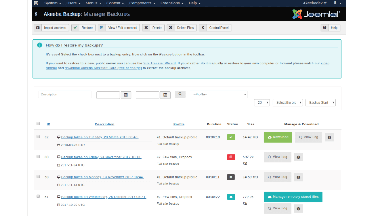 Screenshot einer Auflistung unterschiedlicher Backups im Akeeba Backup Manager