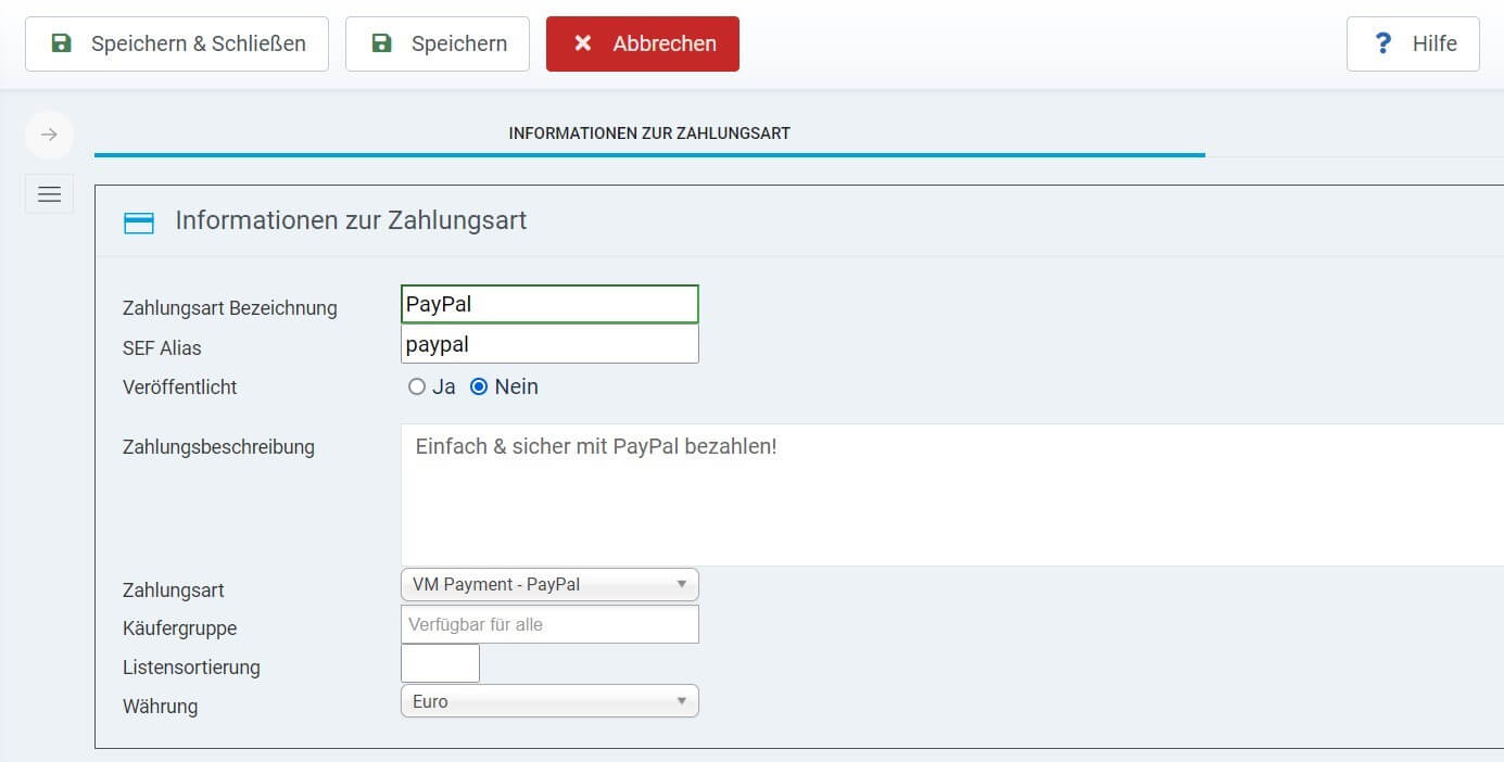 Joomla-Onlineshop: Zahlungsart hinzufügen mit VirtueMart