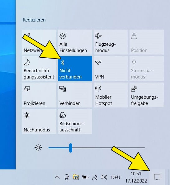 Screenshot Windows 10: Sprechblasen-Symbol mit den Schnell-Einstellungen inklusive Bluetooth-Schaltfläche
