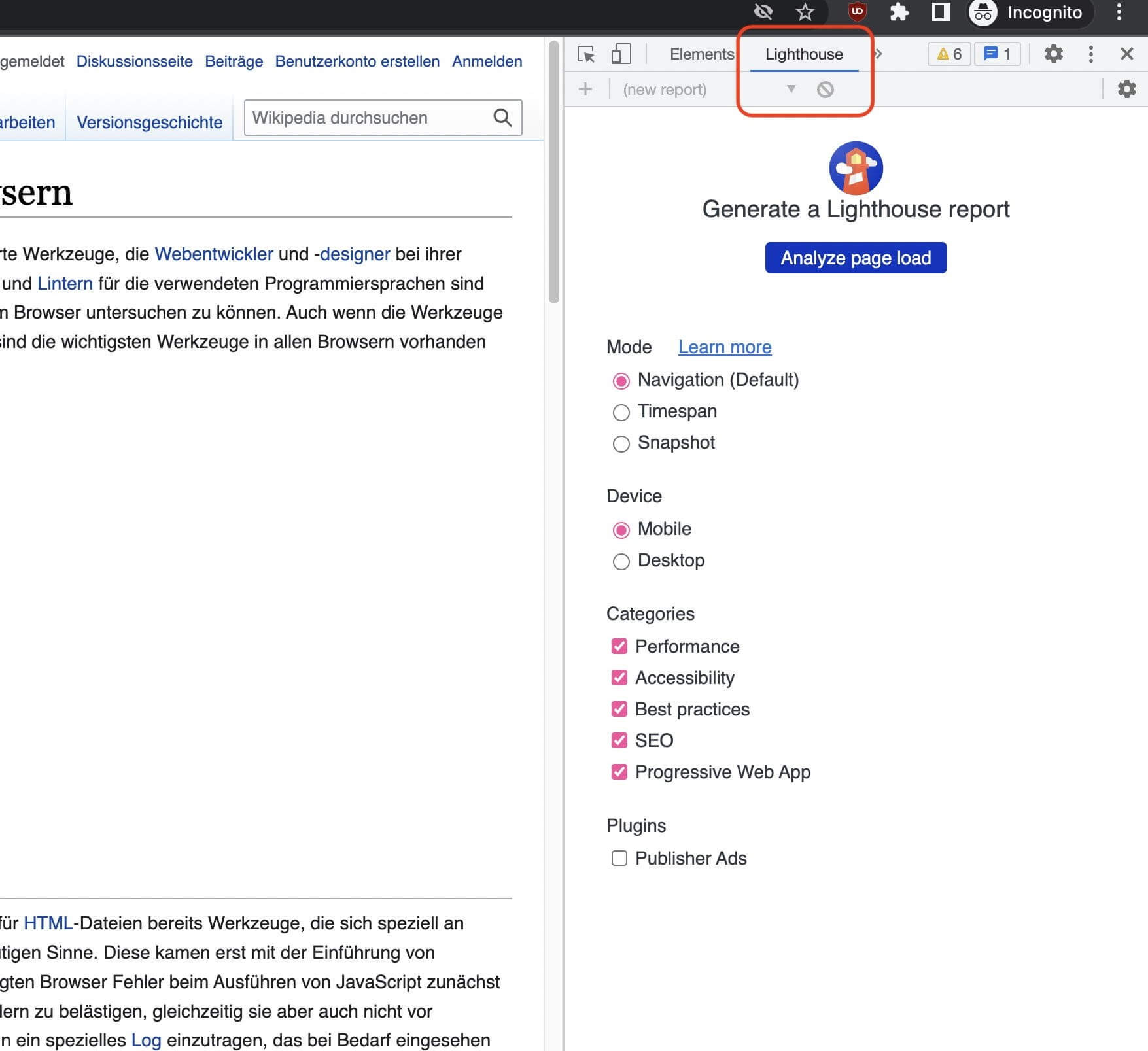 Lighthouse-Tab der Chrome Developer Tools