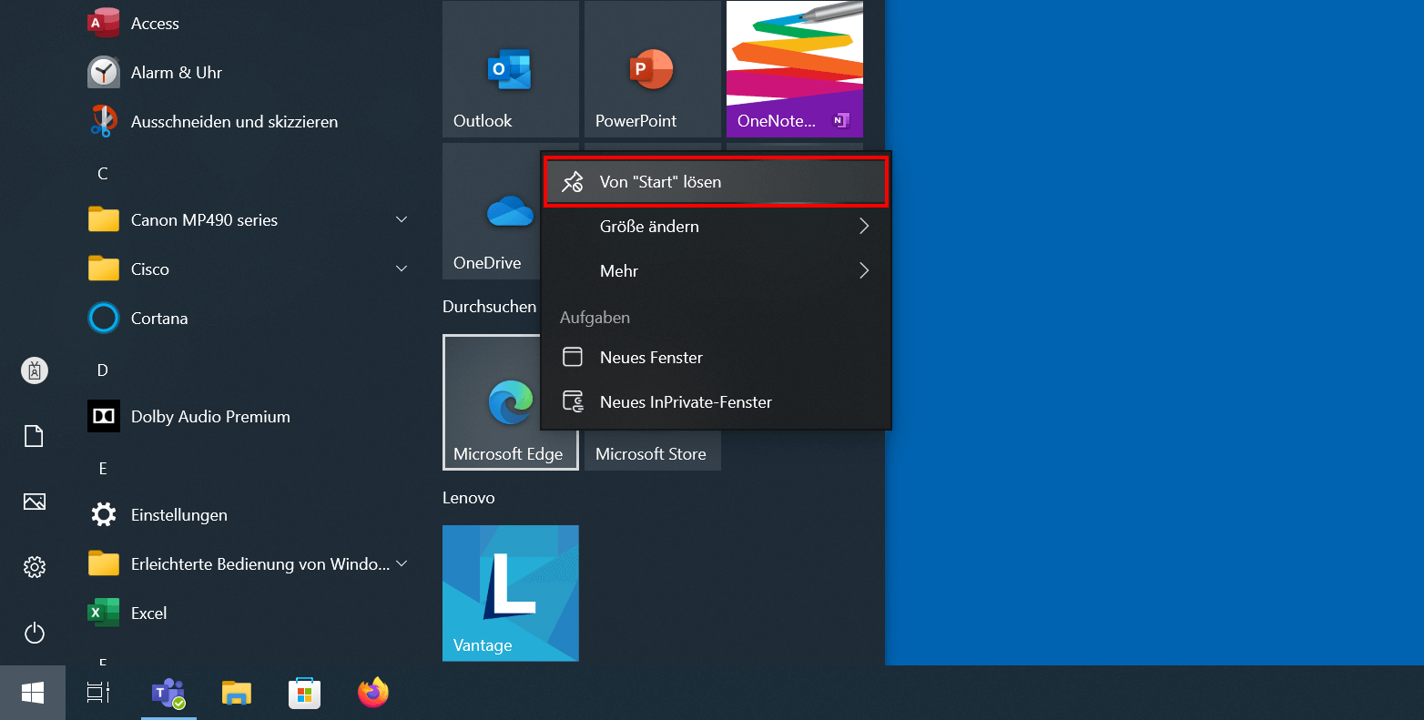 Microsoft-Edge-Kachel im Windows-Startmenü