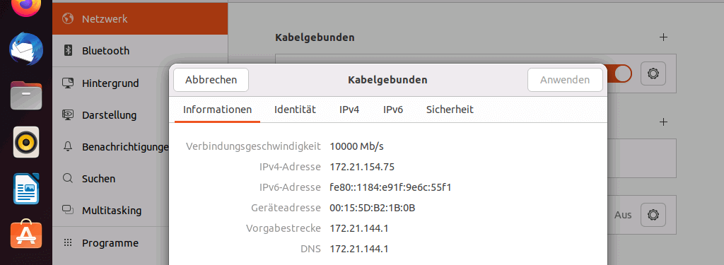 Screenshot der Netzwerkoptionen in Ubuntu