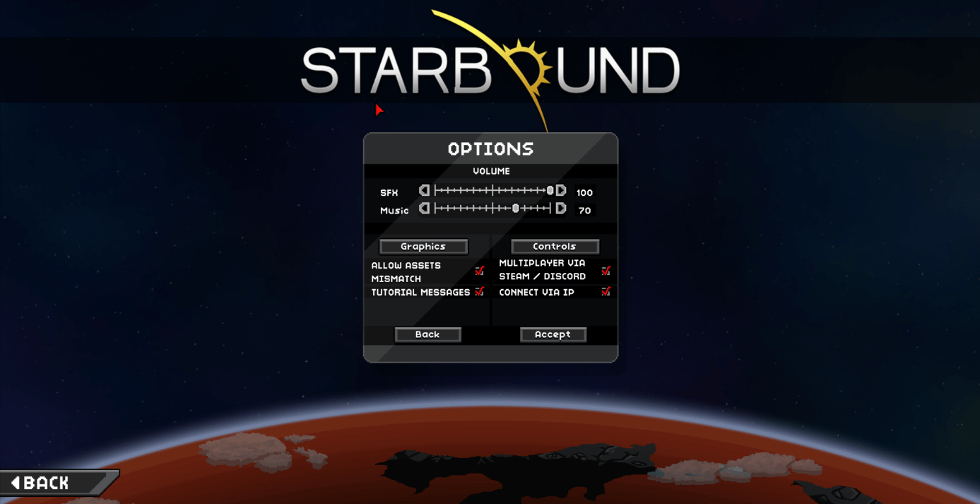 Das Optionenmenü von Starbound
