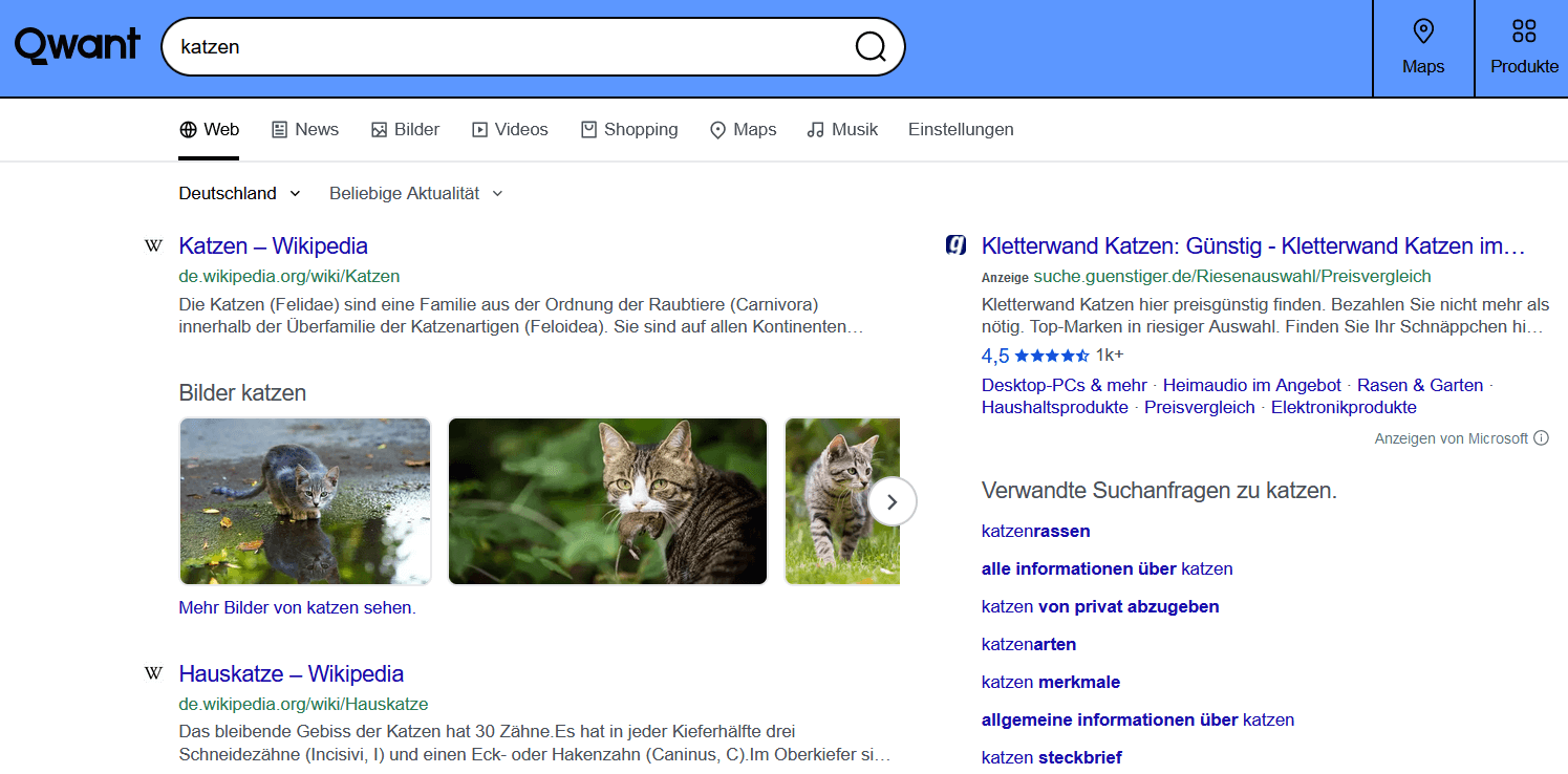 Qwant-Suchergebnisse für den Begriff „Katzen“