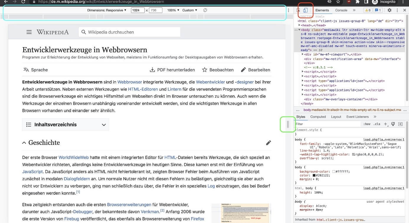 Responsive Mode der Chrome Developer Tools