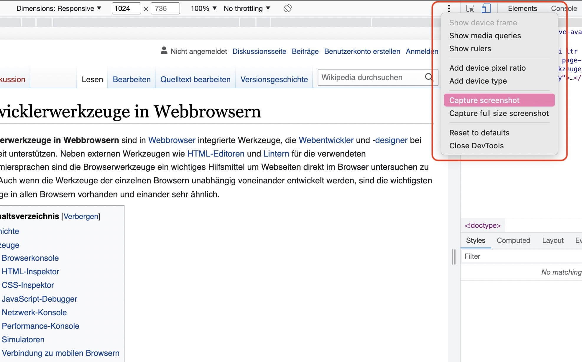 Anlegen eines Screenshots im Responsive Mode der Chrome-Entwicklertools