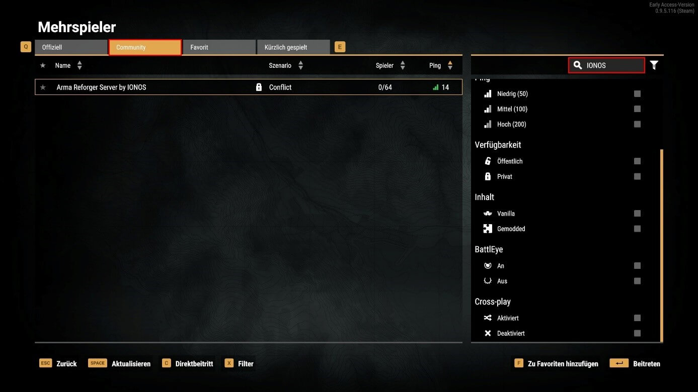 Screenshot aus Arma Reforger: Server beitreten im Mehrspieler-Menü