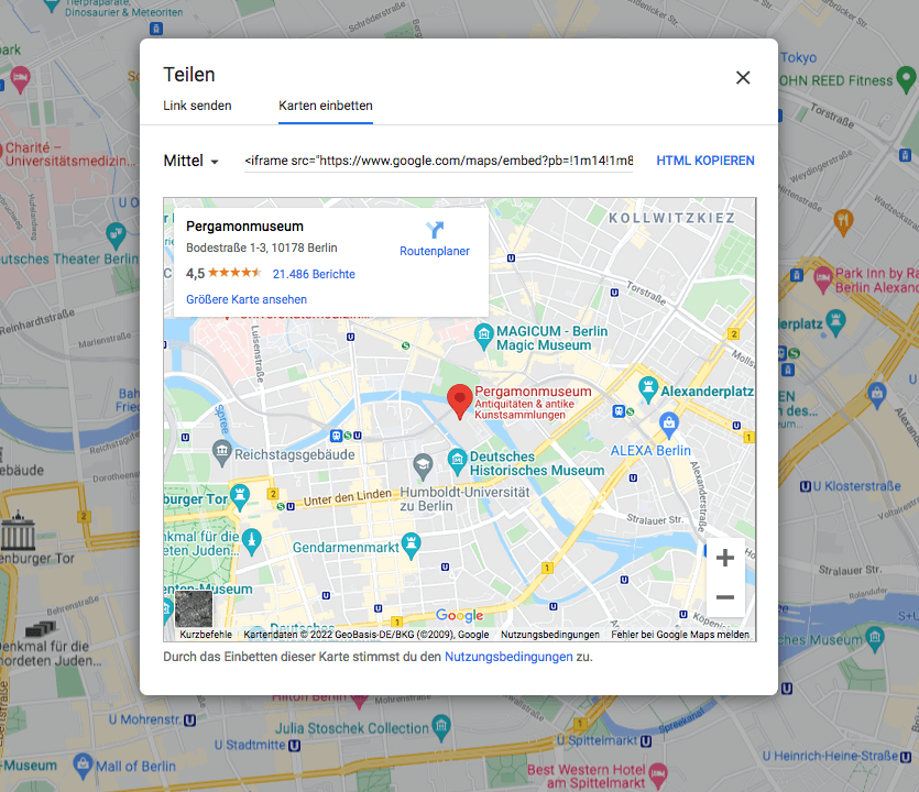 Screenshot der Option „Karten einbetten“ bei Google Maps