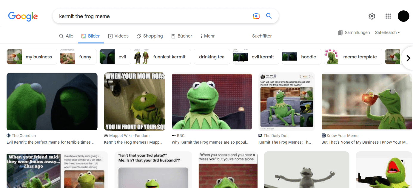 Screenshot einer Google-Suche nach „kermit the frog meme“