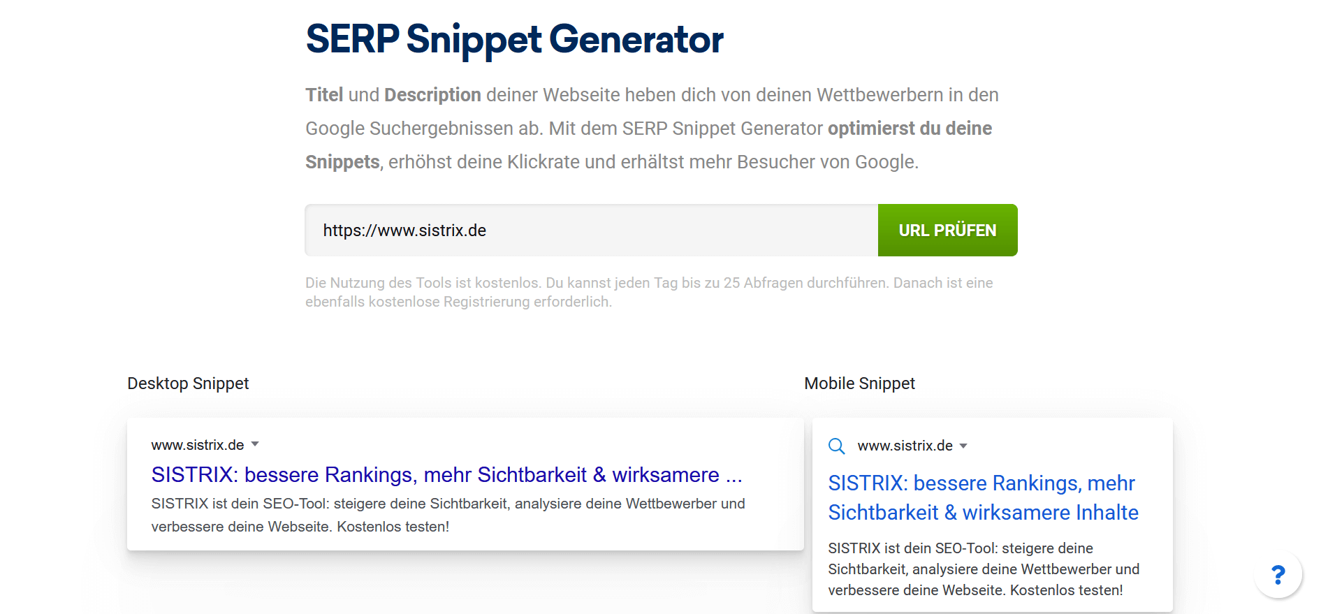Screenshot des SERP Snippet Generators von Sistrix